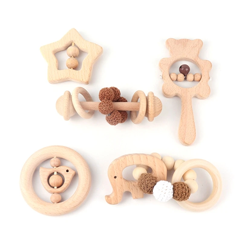 

5 Pcs Baby Rattles Natural Wooden Teether Crochet Bead Bracelet Music Hand Set Gym Montessori for Newborn Dropship