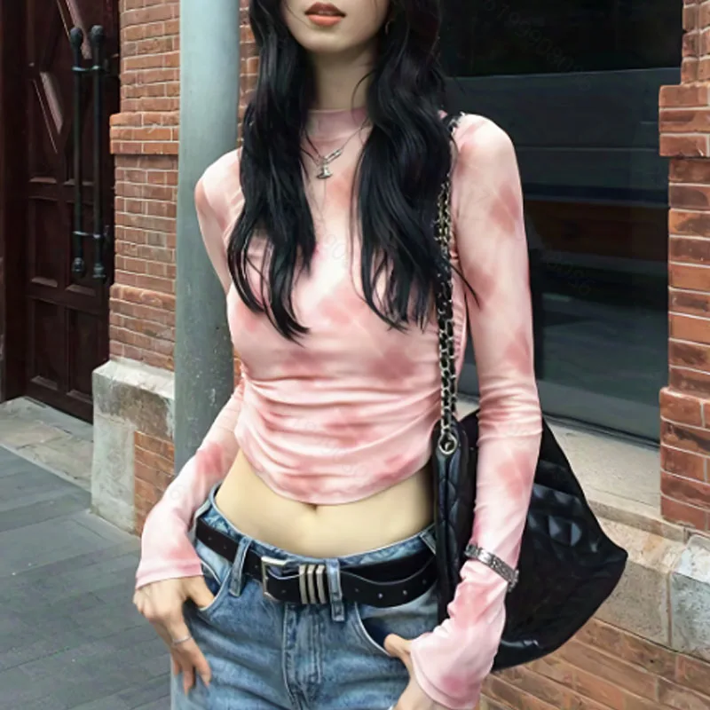 Camicetta da donna Camicia Moda Manica lunga O-Collo Tie-dye Camicetta sottile Camicia Donna Top Camisas Blusa Blusas Para Mujer Blusas Q1859