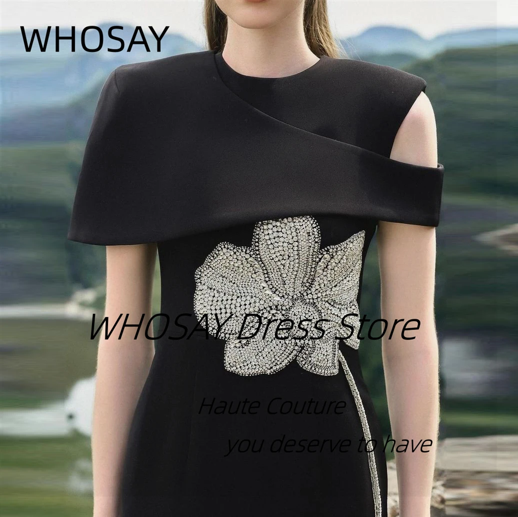 WHOSAY-vestidos negros para ocasiones especiales, cuello redondo, cristales, mangas cortas, vestido de noche, alta costura, bata de Marrige