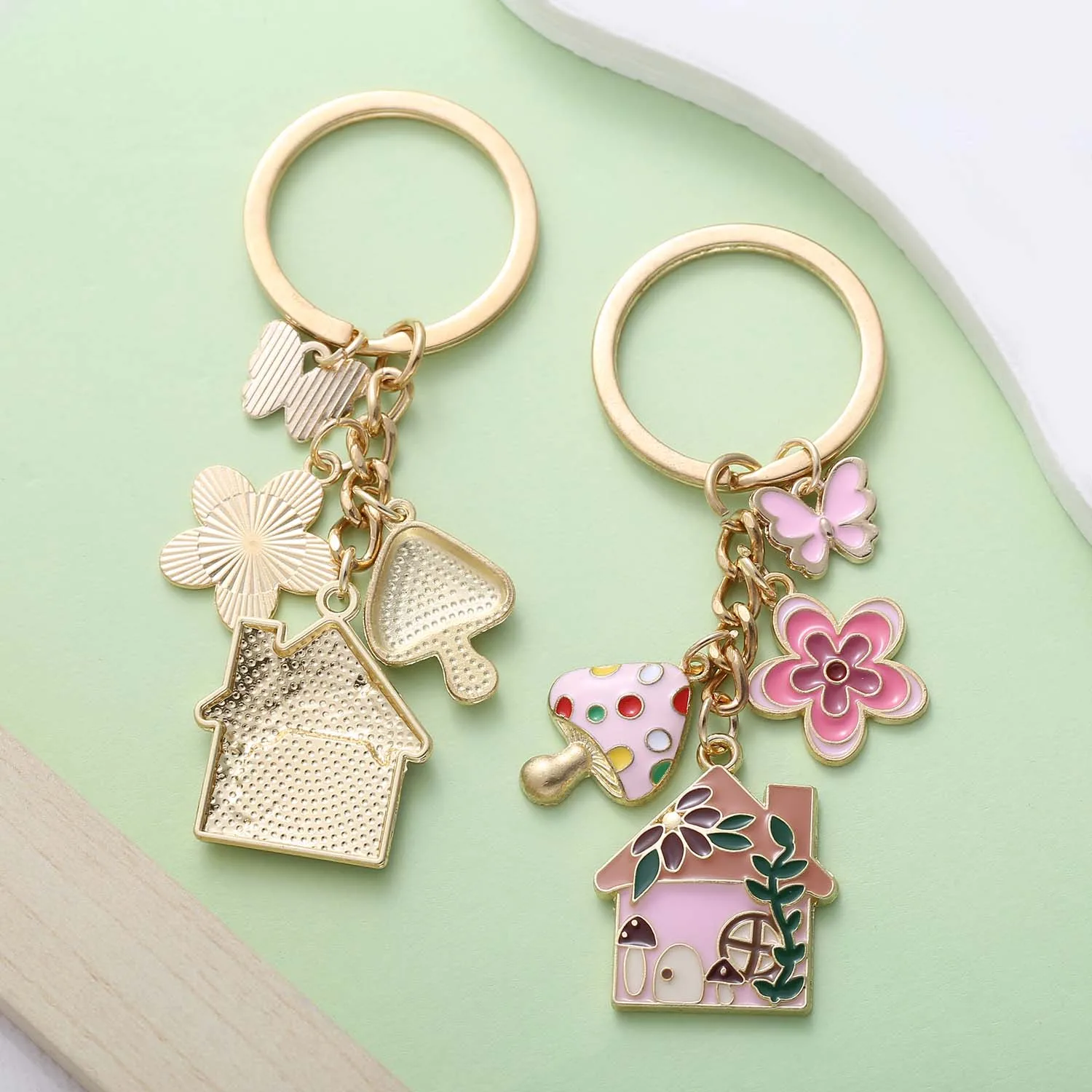 1pc Colorful Fairy Tale Keychain, Enamel Mushroom House Flower Butterfly Charms Key Ring, For Car Keys, Backpacks, Wallets