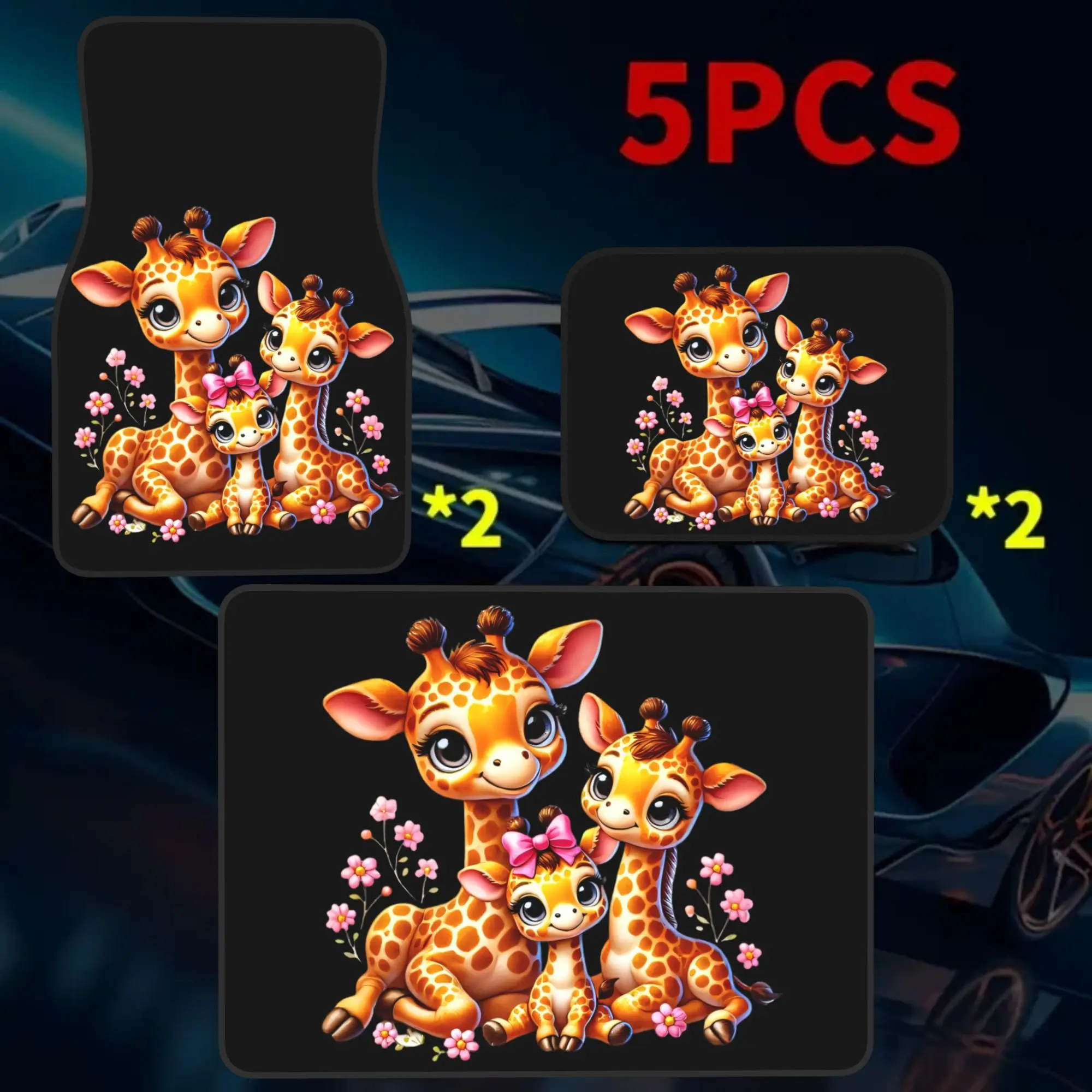 5pcs Set Featuring An Adorable Giraffe Family, Including Front And Rear Floor Mats Plus A Trunk Mat, Designed For All-Weather Us