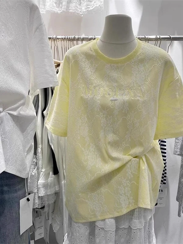 

Elegant Embroidered Lace Short Sleeve T-Shirt Women's Slimming Versatile Unique Top Korean Style Loose Fit round Neck Summer