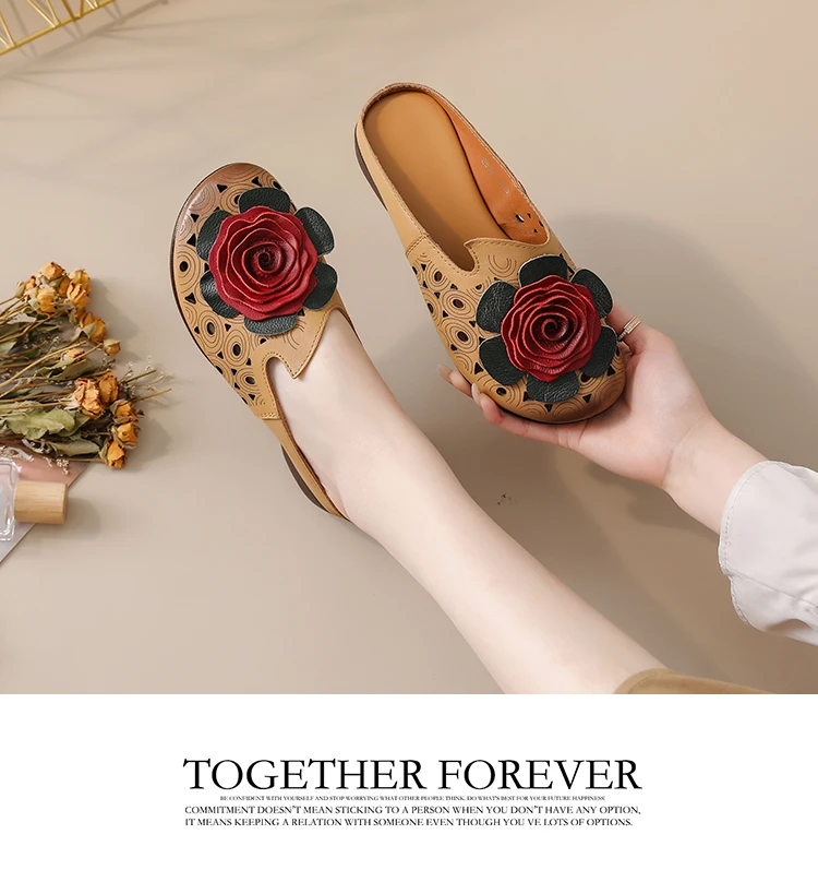 Neue große Blumen-Sandalen aus Rindsleder für Damen, Sommer-Mules mit Cut-Outs, niedrige Absätze, Retro-Luxus-Slipper-Sandalen, Slip-On-Schuhe für Damen – Detail 4