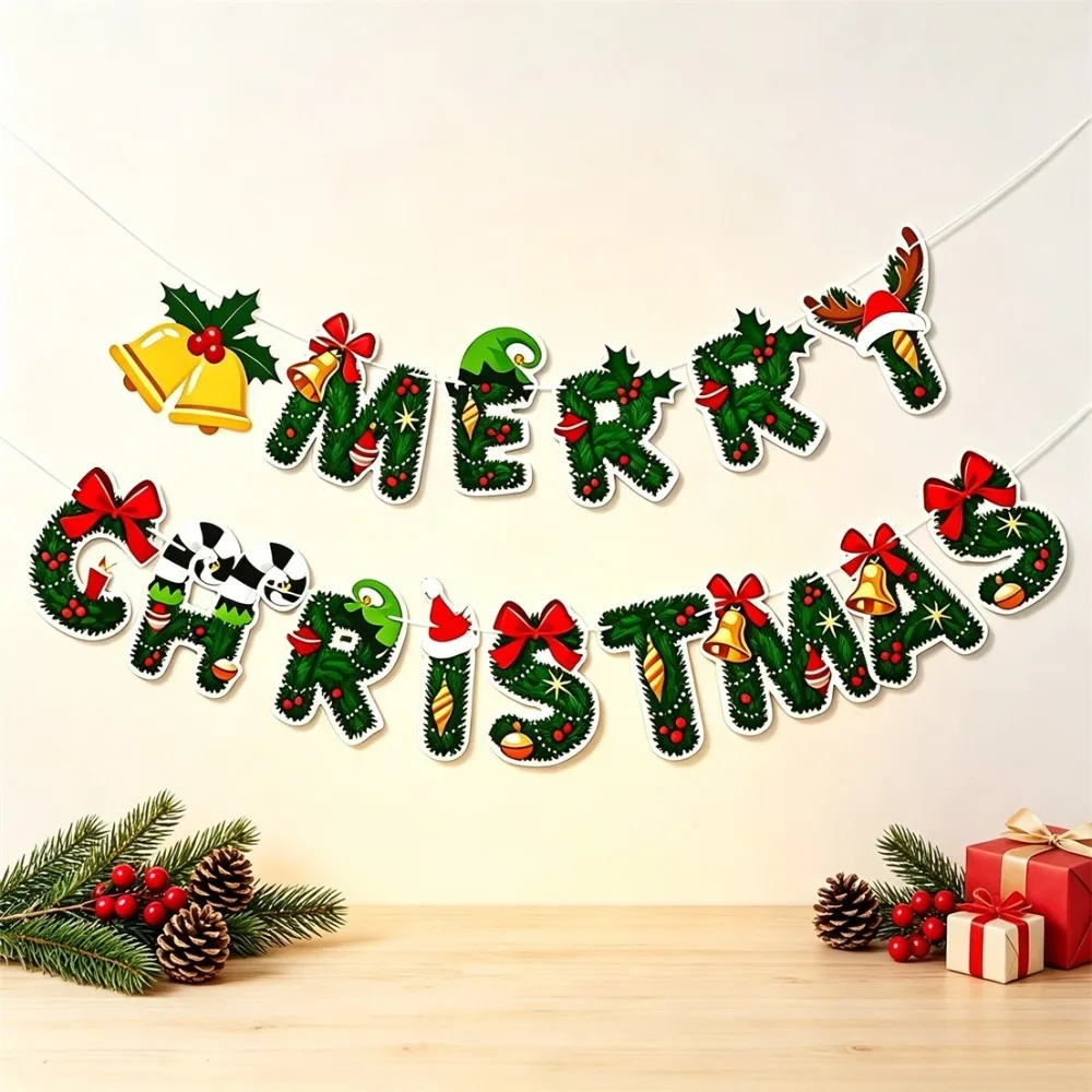 2 Pcs Christmas Banner, Large Merry Christmas Flag, Wall Hanging Decor for Living Room Xmas Party