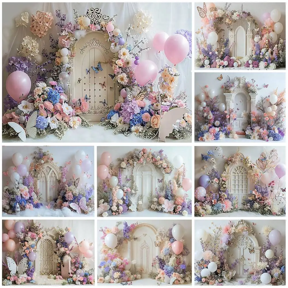 

Mocsicka Baby Kids Adult Photography Background Flower Butterfly Balloon White Arch Door Wedding Women Photo Backdrop Photoshoot