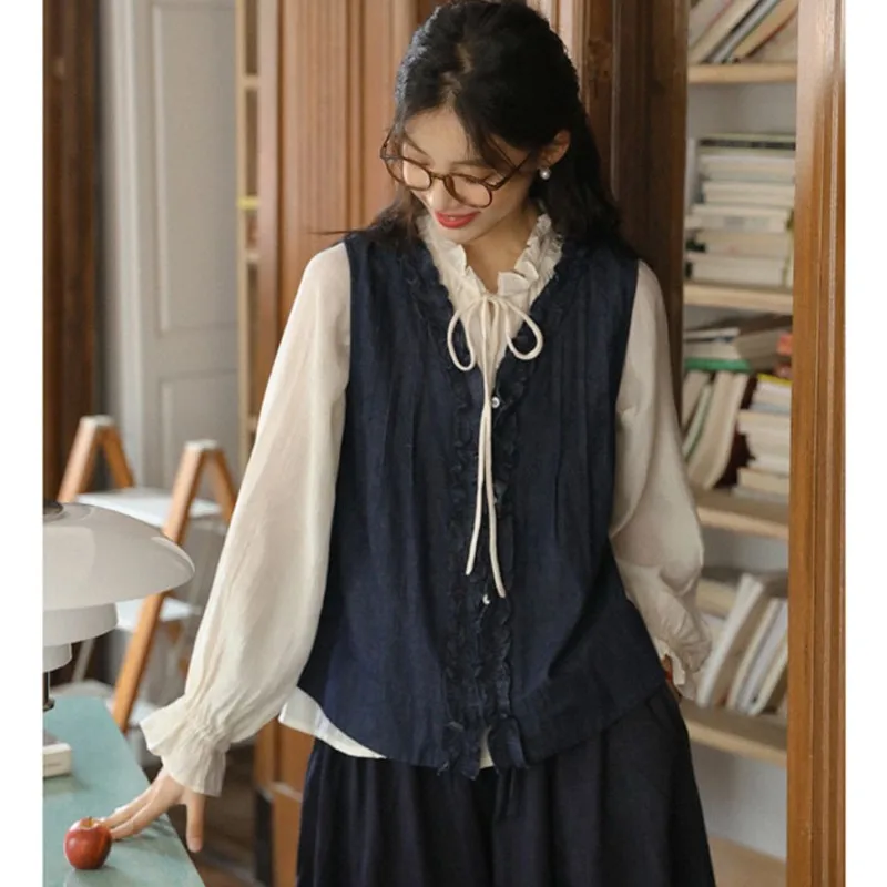 

Johnature Spring French-style Layered Lace Design V-neck Denim Vest For Women French-style White Long-sleeve Shirts