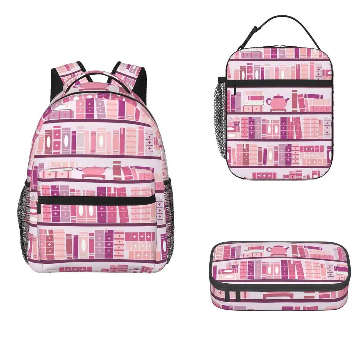 Pink Bookcase Pattern Romance Tea Books Backpacks Bookbag Students School Bags Kids Rucksack Lunch Bag Pen Bag Three-Piece Set