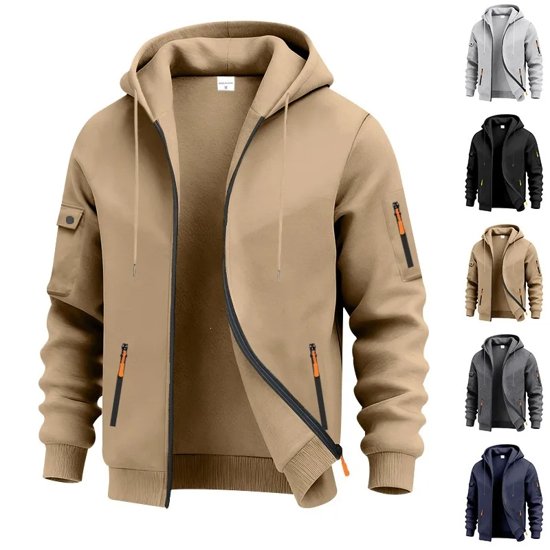 Winter Men's Loose Heavy Fleece Zipper Hooded Tooling Cardigan Casual Long Sleeve Sweater