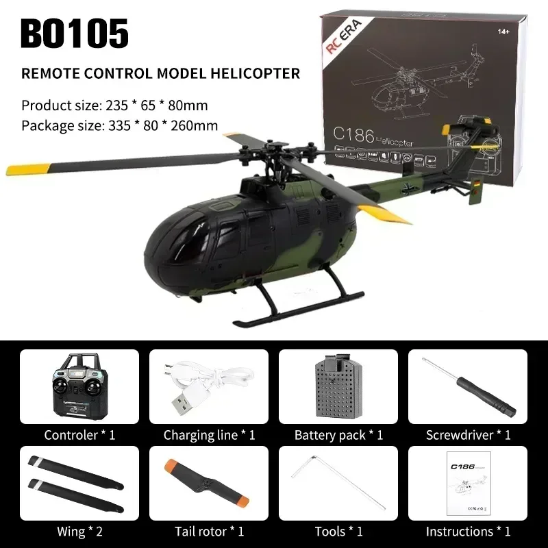 Controle Remoto de Aviação Helicóptero Modelo Brinquedo, Quatro Canais, única Hélice Aeronaves Simulação, BO105, RC Brinquedo, Kid Presente, C186, Novo