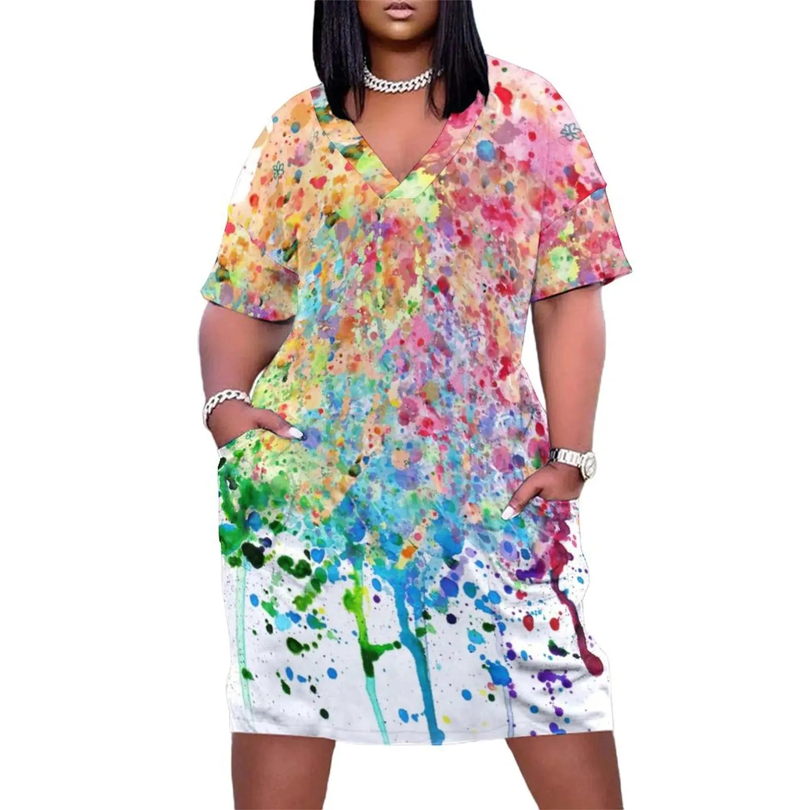 Rainbow Paint Splatter Drip Loose Pocket Dress dresses for woman 2024 summer women