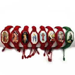 12Pieces Double Woven Bracelet Religious Jesus Pattern Rectangular Recessed Wooden Drip Religious Ornaments Can Be Given As Gift