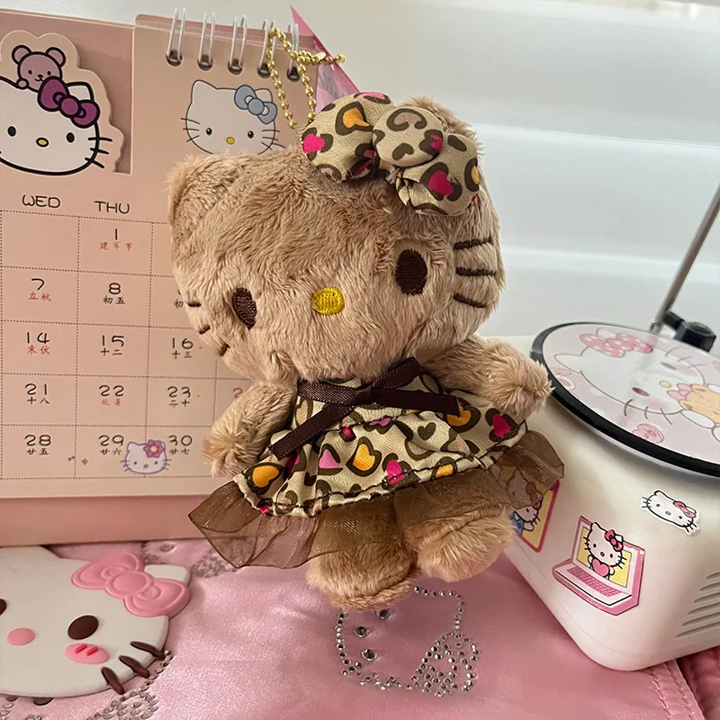 

New Kawaii 10cm Leopard Black Leather Hello Kitty School Bag Pendant Doll Keychain Bag Hanging Decoration Girl Gift