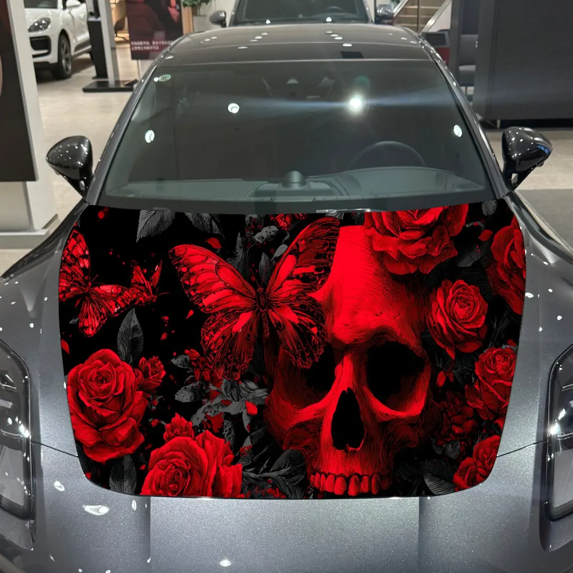 Floral Skull Butterfly Car Hood Wrap, Red Rose Background Car Hood Decal, Car Exterior Accessory, Waterproof and Self-adhesive A
