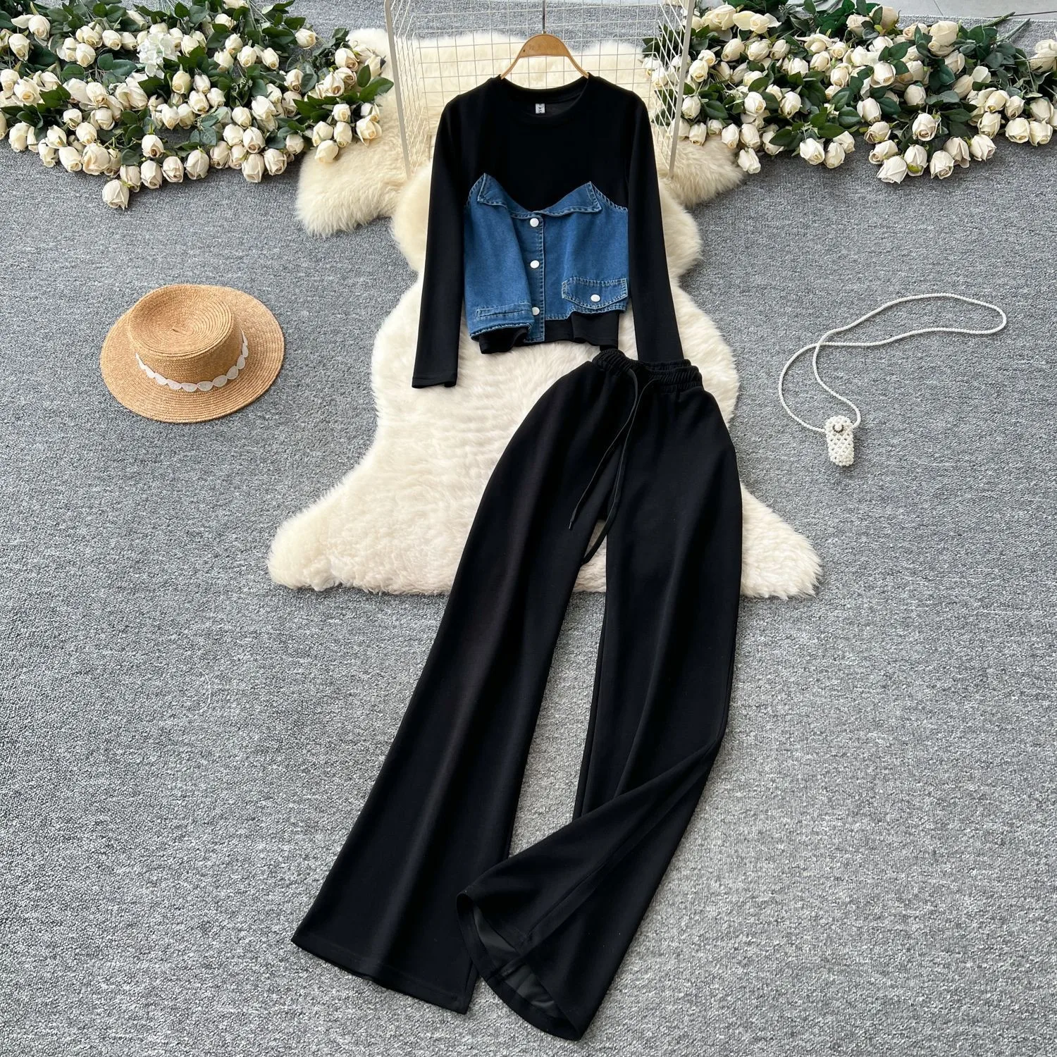 

Women Pant Set Two Piece Sets Round Neck Full Sleeve Casual Tops Y2k Streetwear Work Wide Leg Long Pants High Waist 2025