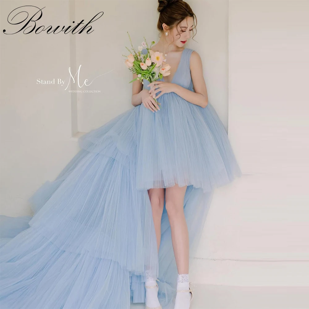 

Bowith Sky Blue Korean Wedding Dresses Deep V-Neck Sleeveless Hi-Lo Bridal Gown Wedding Party Dresses Evening Dresses Customized