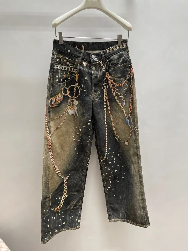 

3D Visual Chain Print Wide Leg Jeans Women's Retro Style Casual Fit Natural Waist Button Closure Loose Comfortable Denim Pants