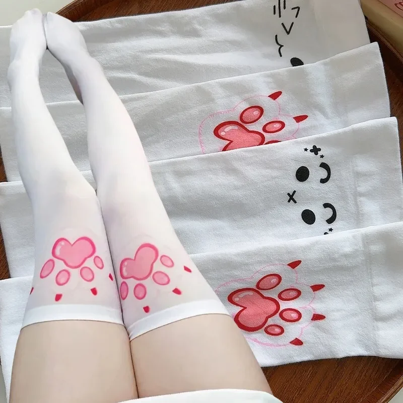 Kawaii Cat Paw Long Stockings Women Lolita Harajuku Over Knee Thigh High Stockings Girls Expression Graffiti Print Cosplay Socks