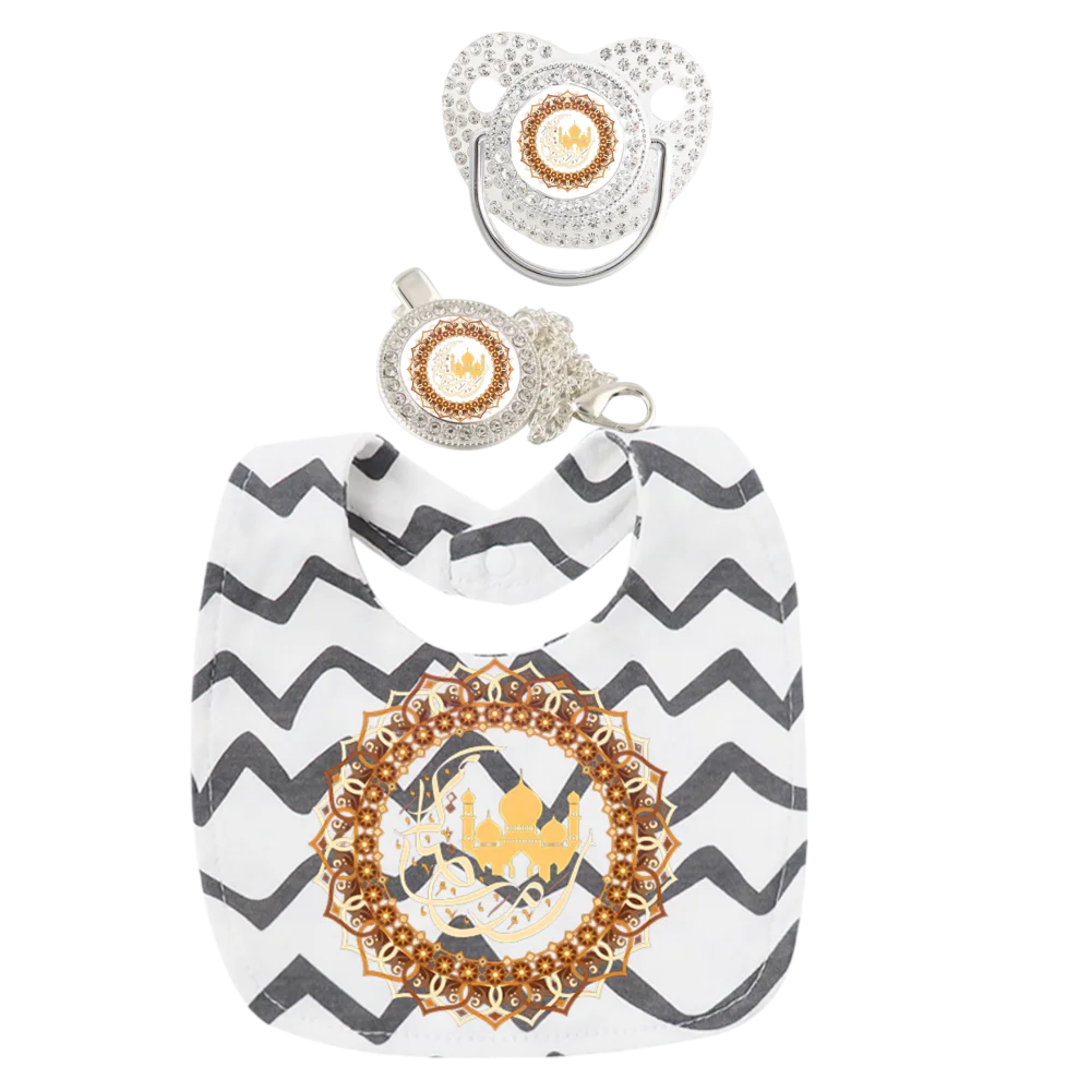 Islamic Pattern Baby Set Newborn Pacifier Chain Clip Toddler Feeding Bib 3 Piece Muslim Print Soother Dummy Silicone BPA Free