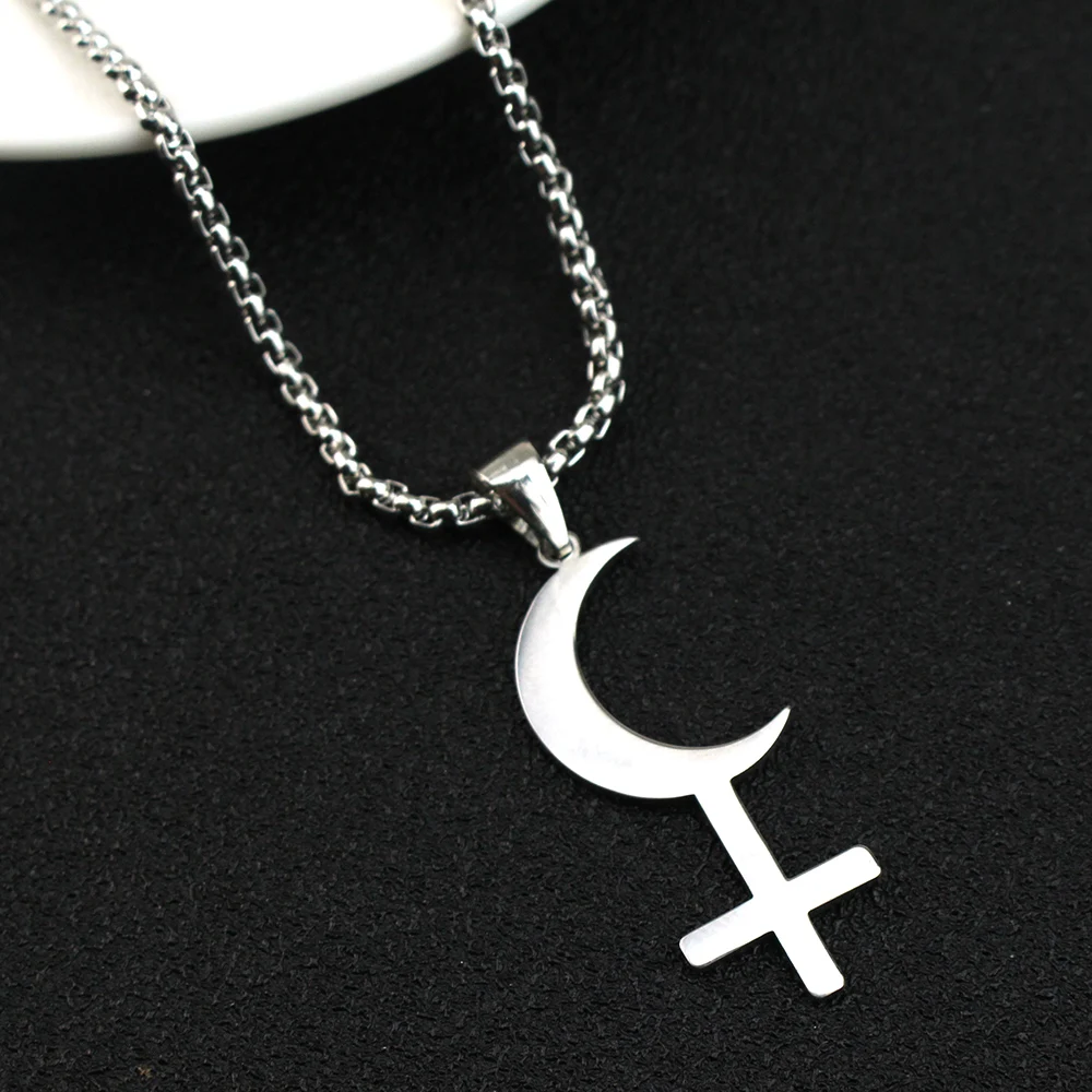 Silver Color Moon Cross Lilith Symbol Pendants Necklace For Women Stainless Steel Charms Astrological Symbol Sign Amulet Jewelry