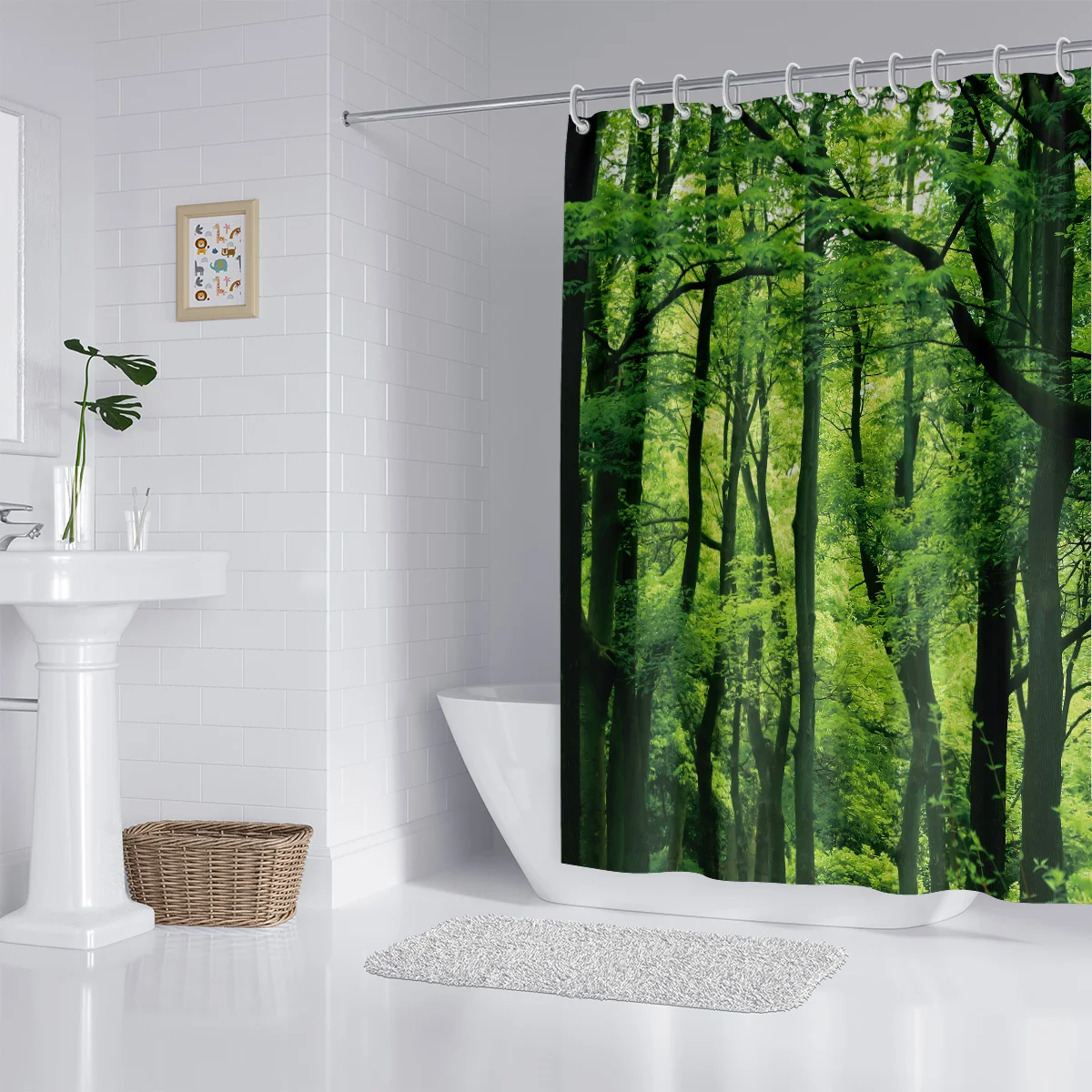 1PC naturally green forest printing, waterproof, mildew, resistance, hook, machine washing, bathroom shower curtain