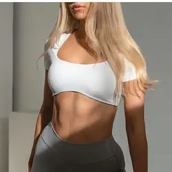 2024 Biustonosz fitness z krótkim rękawem Prosty, odporny na wstrząsy sportowy zakrzywiony brzeg Koszulka do jogi Slim Fit Crop Top Run Gym Shirts Women Active Wear