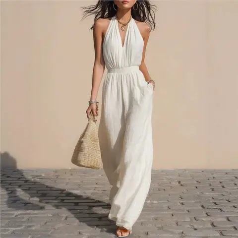 2026 New Summer Women's Jumpsuit Sleeveless V-neck Waist Cinched Elegant Temperament Fashionable And Comfortable Simple Jumpsuit