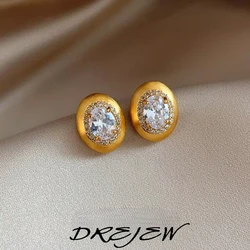 DREJEW Simple  Metal Brushed Inlaid with Rhinestone Oval Stud Earrings 2025 Fashion Jewelry Luxury Accessories for Womens