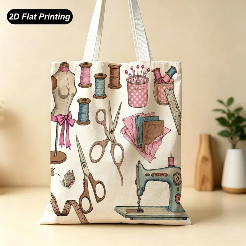 1PC【Tote Bag】2DFlat effect，Vintage Sewing Pattern Tote Bag，Large Capacity，Size15.7in*13.8in，Suitable shopping/Shopping/