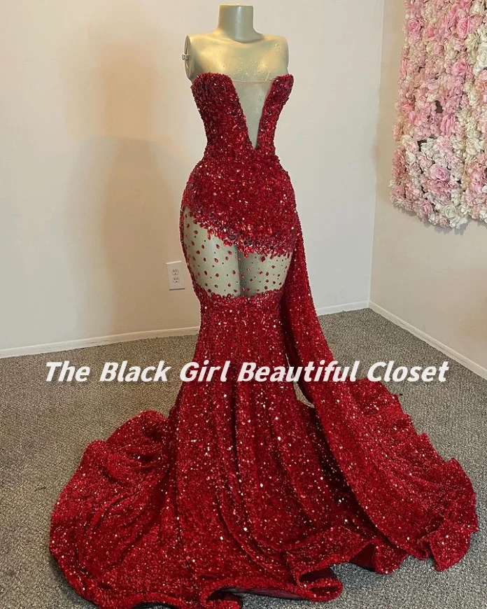 Luxury Red Evening Gowns New Sheath Sparkling Rhinestone Beaded Sequins Prom Dresses African Girls Deep V Sexy Fishtail Gowns