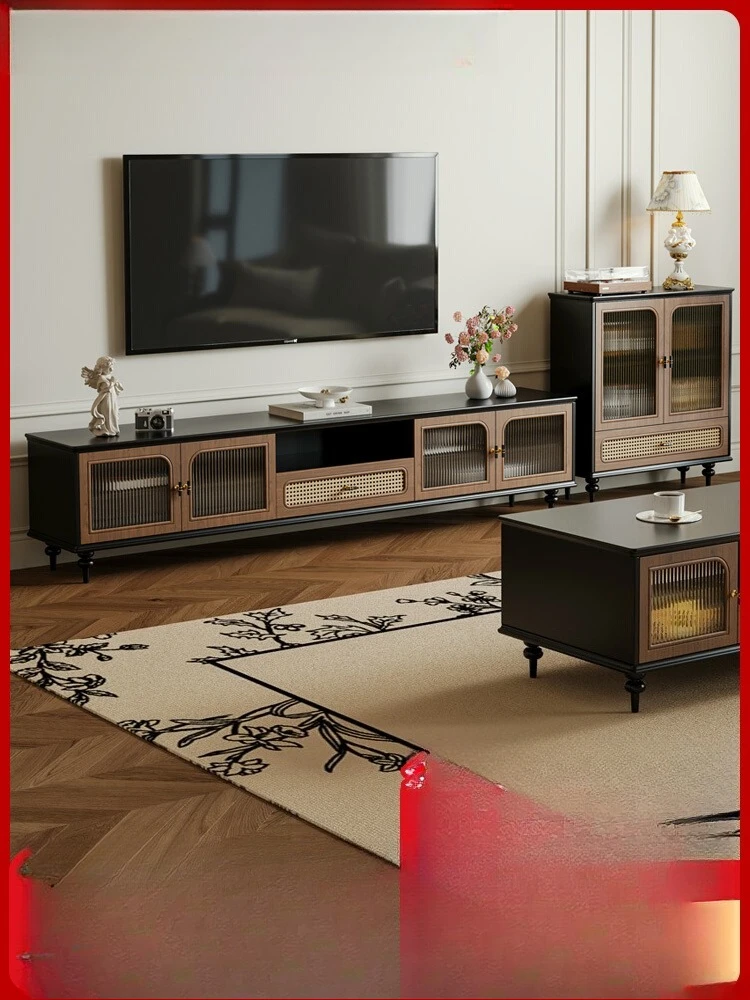 

Medieval TV cabinet coffee table combination household living room small apartment locker retro rattan floor TV cabinet