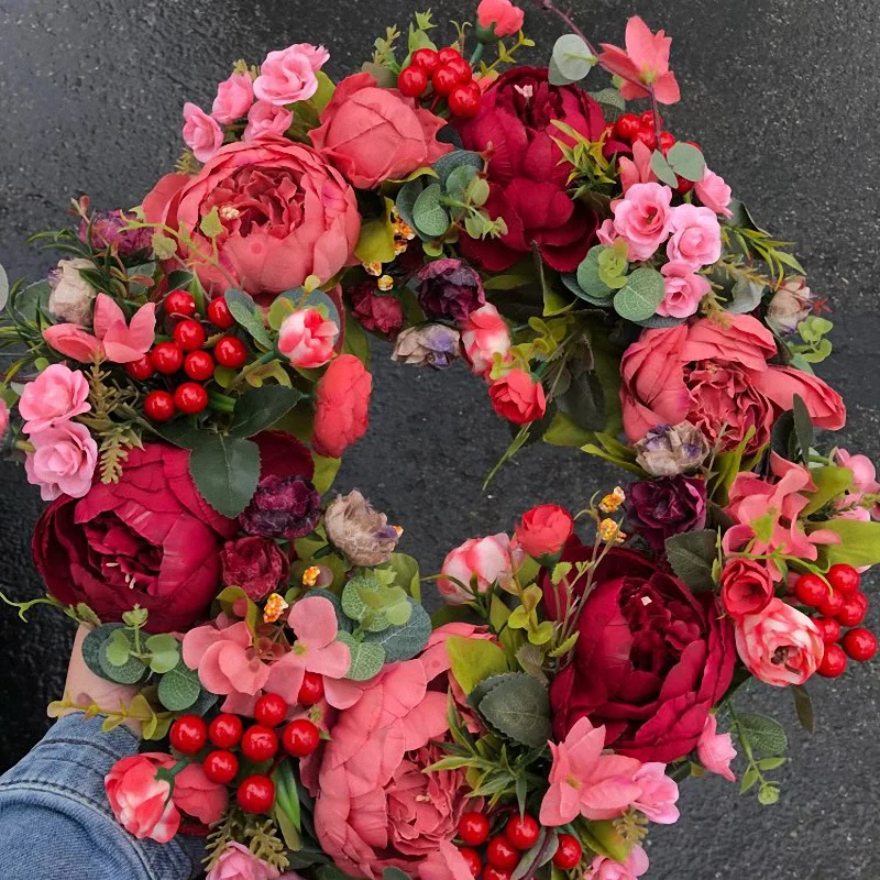 Decorative Door Wreath,Silk Flower Peony Head Flower Wreath 40cm Handmade Garland for Autumn Winter Outdoor Display Red HOT