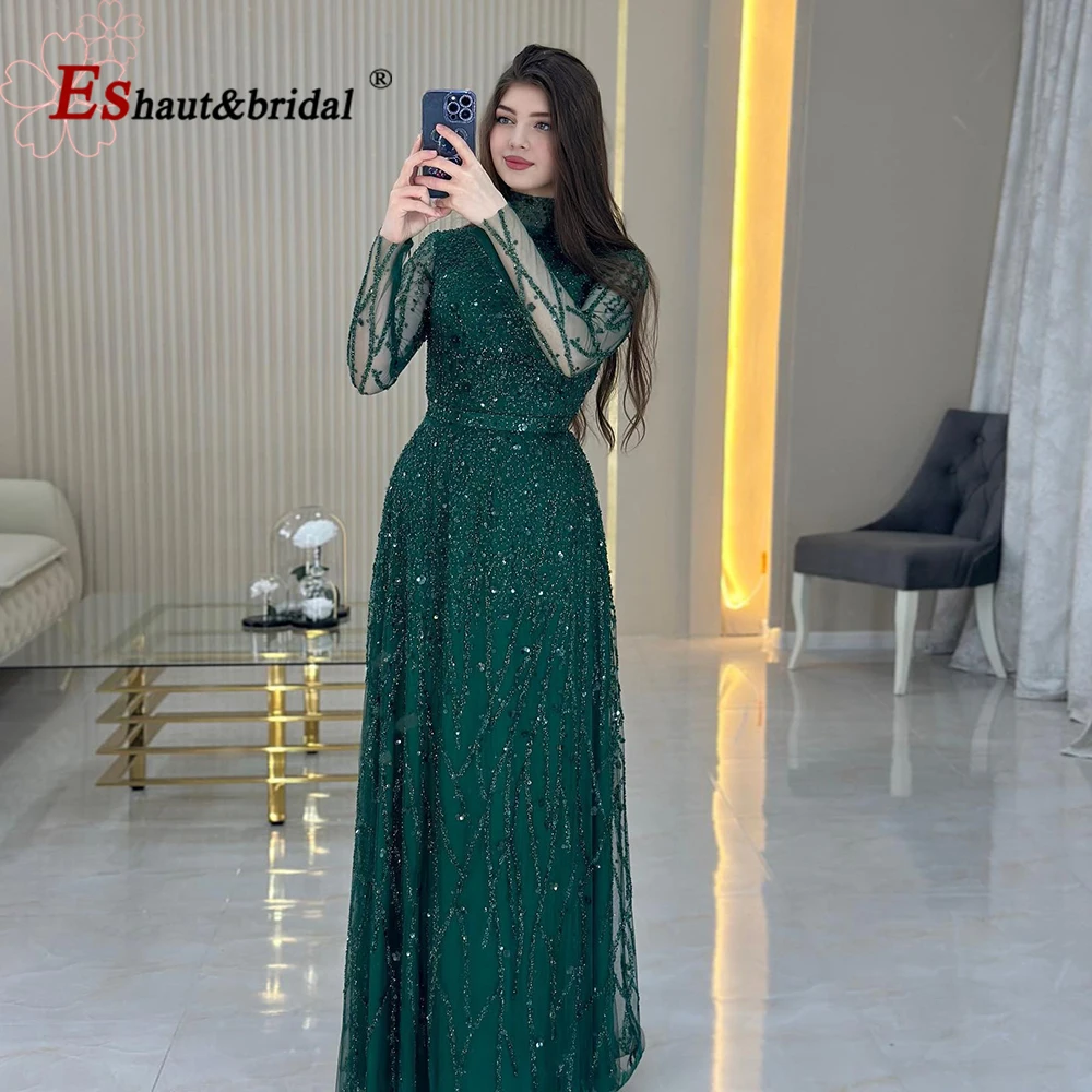 Elegant Muslim Beads Sequin Evening Dress for Women 2024 High Neck Long Sleeevs Aline Formal Prom Wedding Party Gowns Customized