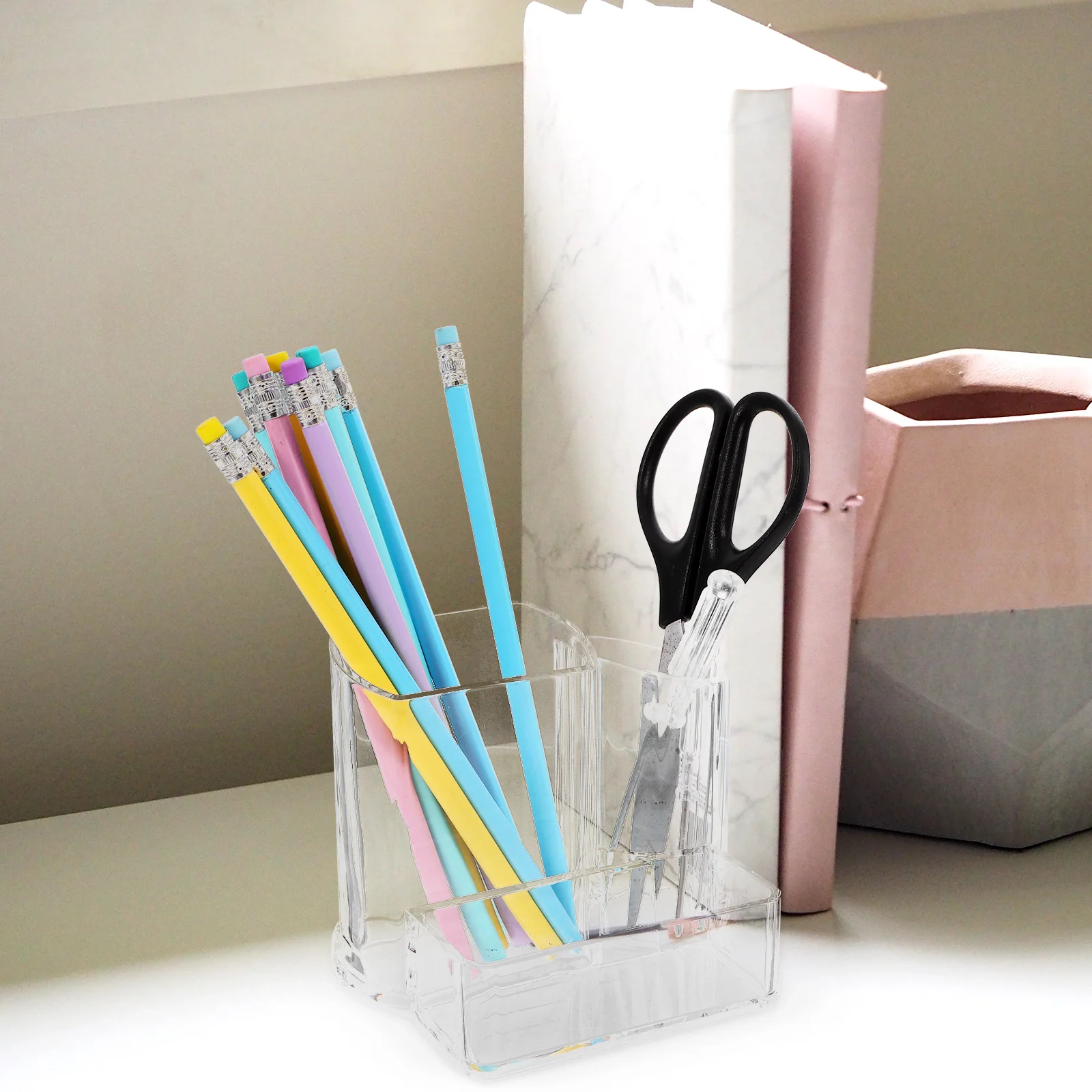 

Acrylic Pen Holder Desk Organizer Stationery Cup 3 Holes Design Storage Bucket Lipstick Case Remote Box Makeup Container