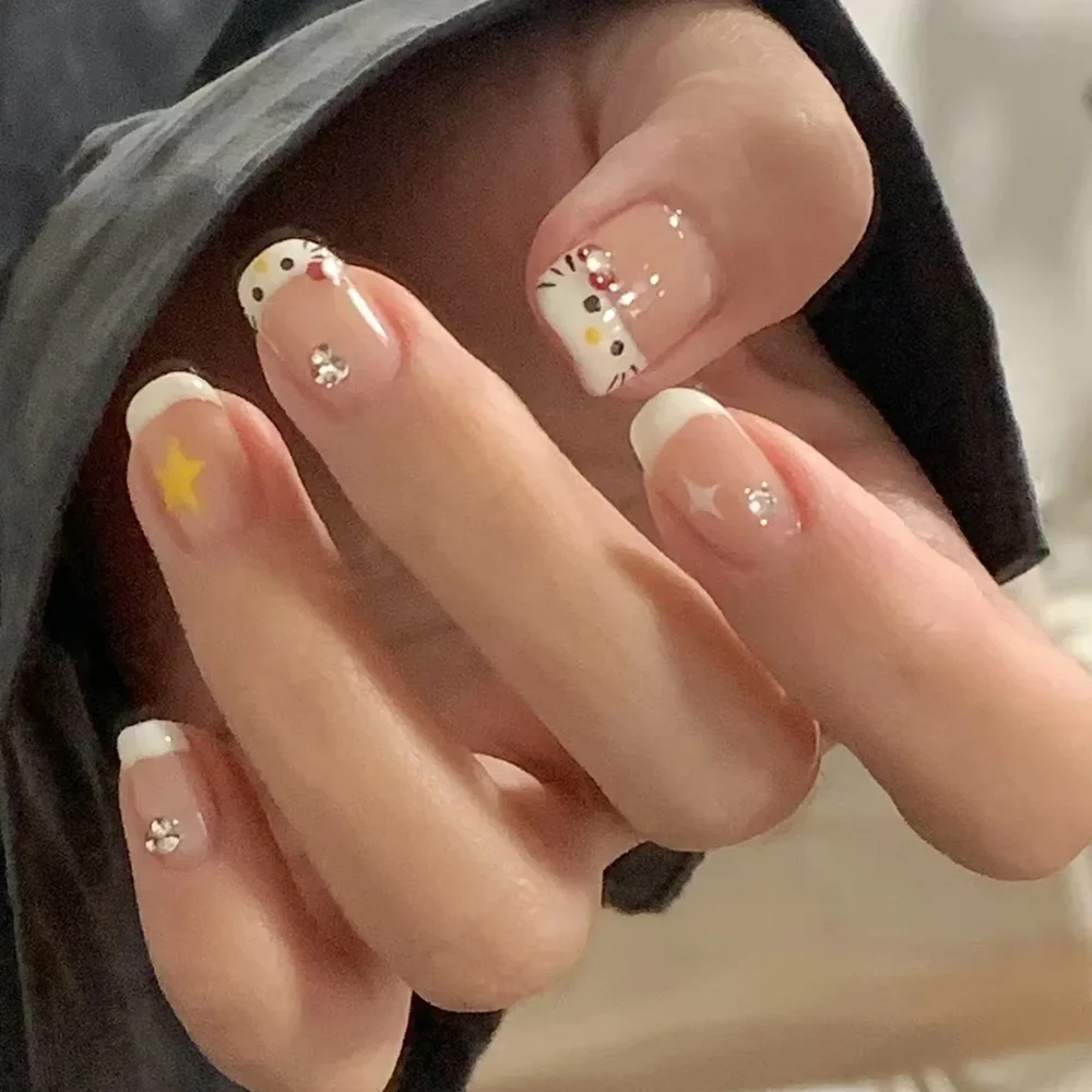 

Cartoon Nails HelloKitty Fresh Cute Korean Fake Nail Tips Girl Wearing Kawaii Short Cartoon Acrylic Press on Nail