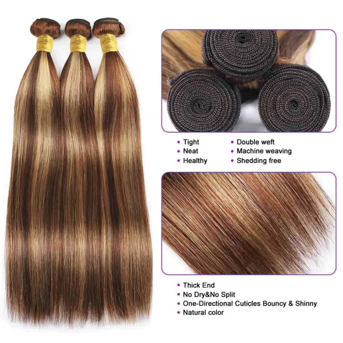 4/27 pacotes de destaque osso em linha reta feixes de cabelo humano tecer cabelo brasileiro 100% extensões de cabelo humano ombre pacotes de cabelo marrom