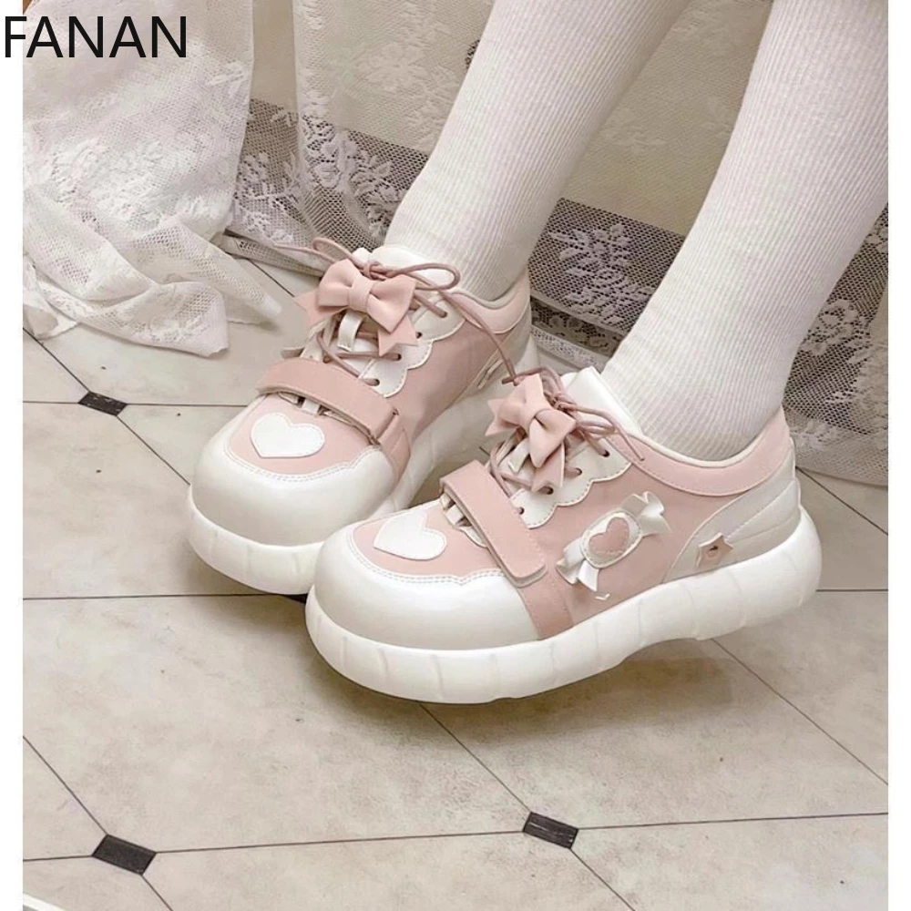 

Original New Lolita Casual White Shoes Round Head Bow Student Sports Single Shoes Comfortable Student Platform Flats Shoes