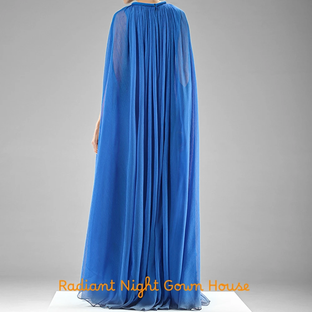 Durchsichtiges blaues Chiffon-Abendkleid mit langen Ärmeln, maßgeschneiderte Kleider für besondere Anlässe, zarte Ballkleider mit O-Ausschnitt