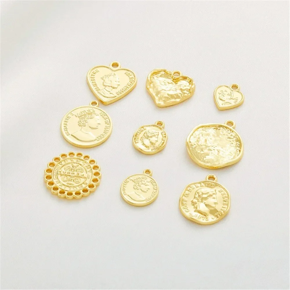 14K Package Real Gold European and American Love Head Pendant Round Pendant Diy Handmade Chain Jewelry Accessories