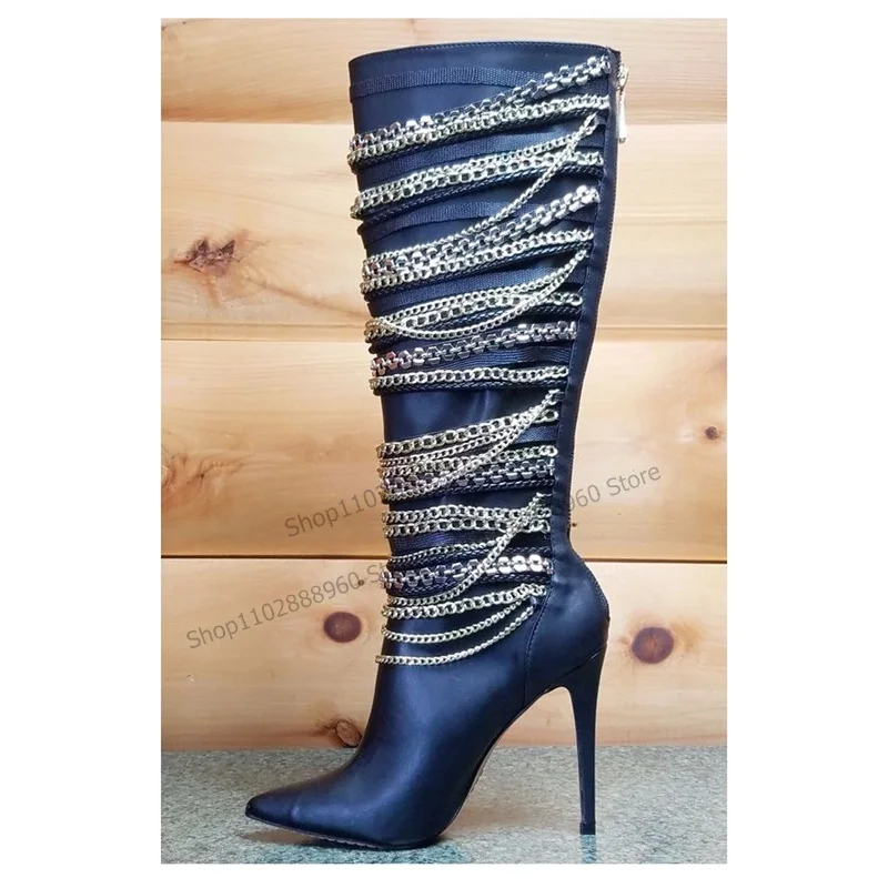 Black Knee High Matte Leather Metal Chain Decor Boots Thin High Heel Women Shoes Pointed Toe 2023 Fashion Zapatos Para Mujere