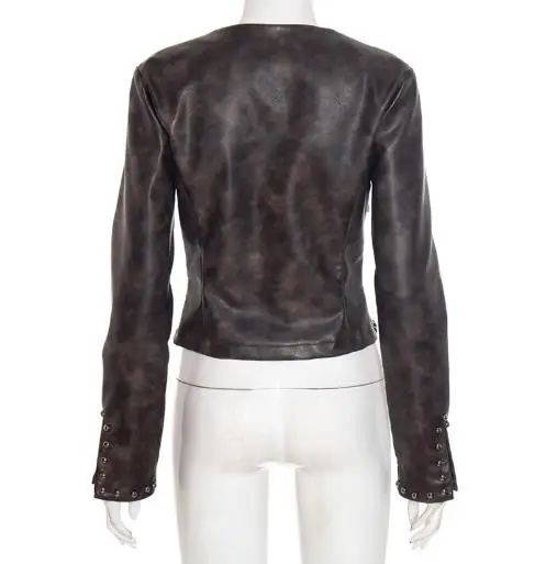 Women's Jacket 2025 Spring Autumn New Vintage Leather Half Open Collar Zipper Rivet Long Sleeve Streetwear Casual Crop Jacket
