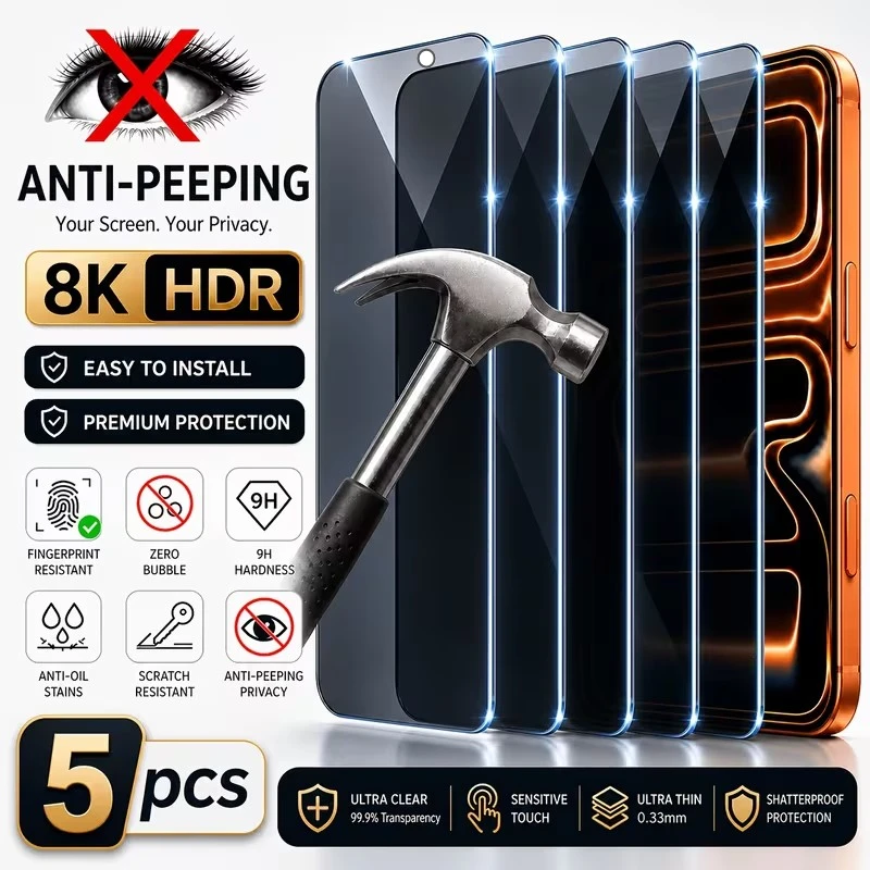 5 Películas Protetoras de Tela Anti-Espião de Cobertura Total para iPhone 17 16 15 14 11 12 13 Pro Max Mini XR X XS 16 Plus