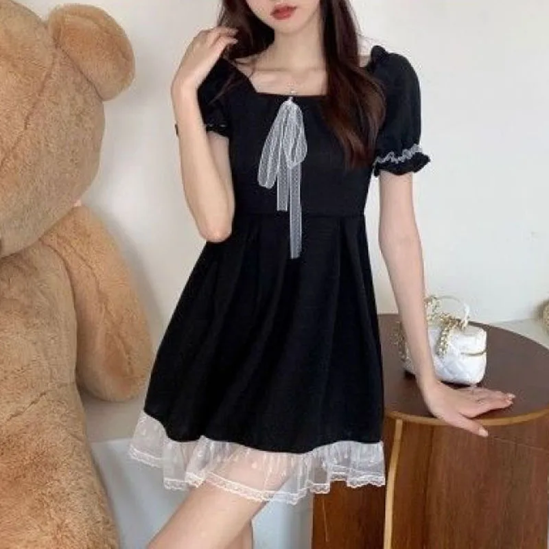 Lolita Sweet 2024 Summer New Women\'s Minimalist Square Collar Lacing Spliced Lace Puff Sleeve Fashion Slim Chic A-Line Dress