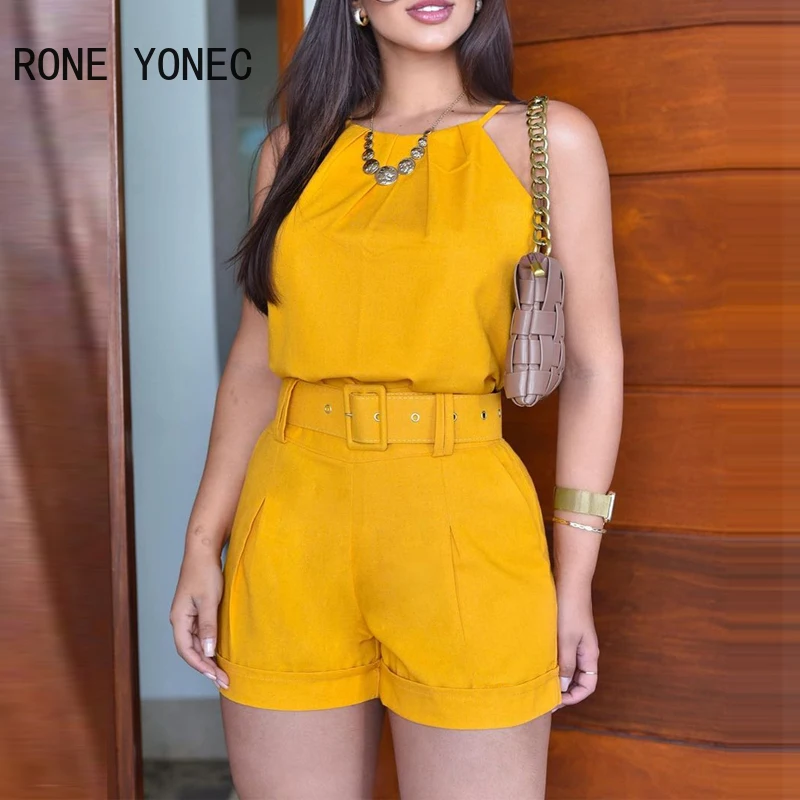 Women Halter Sleeveless Top & Shorts with Belts Summer Vacation Suit