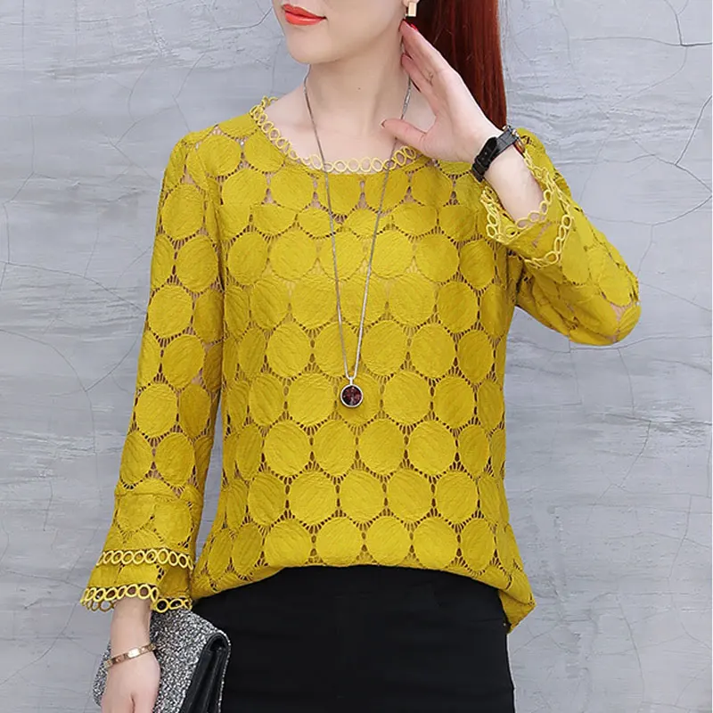 Stylish Polka Dot Spliced Hollow Out Blouse Casual 3/4 Sleeve Women\'s Clothing Spring Summer New Basic Round Neck Straight Shirt