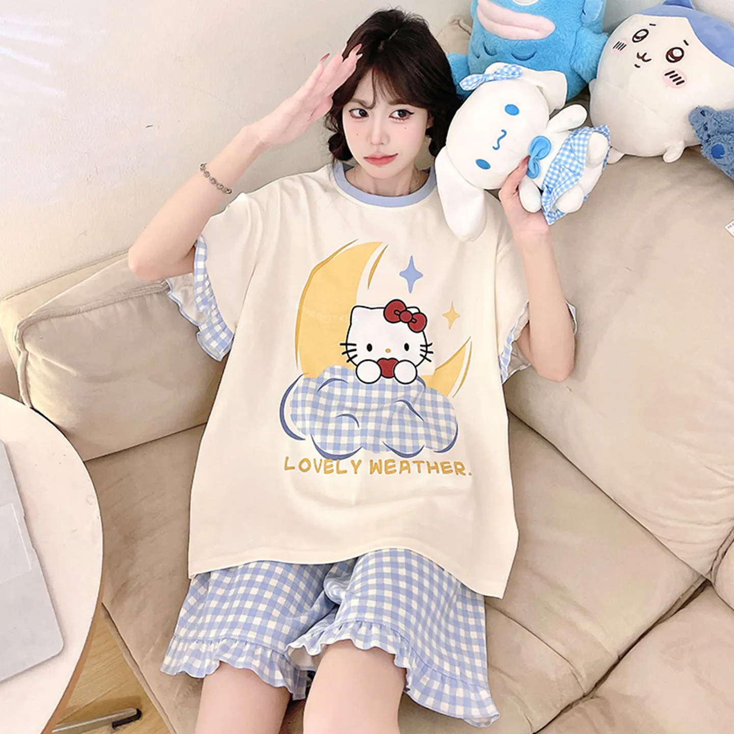 Sanrio Cartoon Pajamas Women's Summer Short Sleeved Set Pure Cotton Hello Kitty Home Clothes