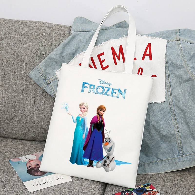 Disney Frozen Elsa Anna Cartoon Large Capacity Canvas Shoulder Bag Women's Casual Tote Kids Student Handbag Shopping Bags