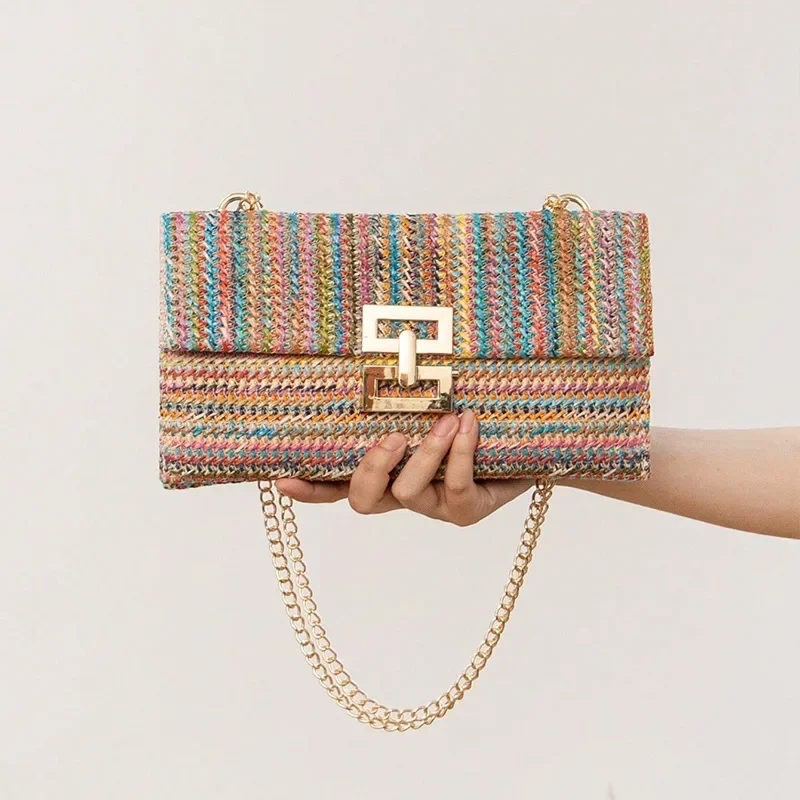 Women 2024 New Vacation Style Chain Handbag Straw Weaving Crossbody Square Shoulder Bag tote bag mujer hand bags low price