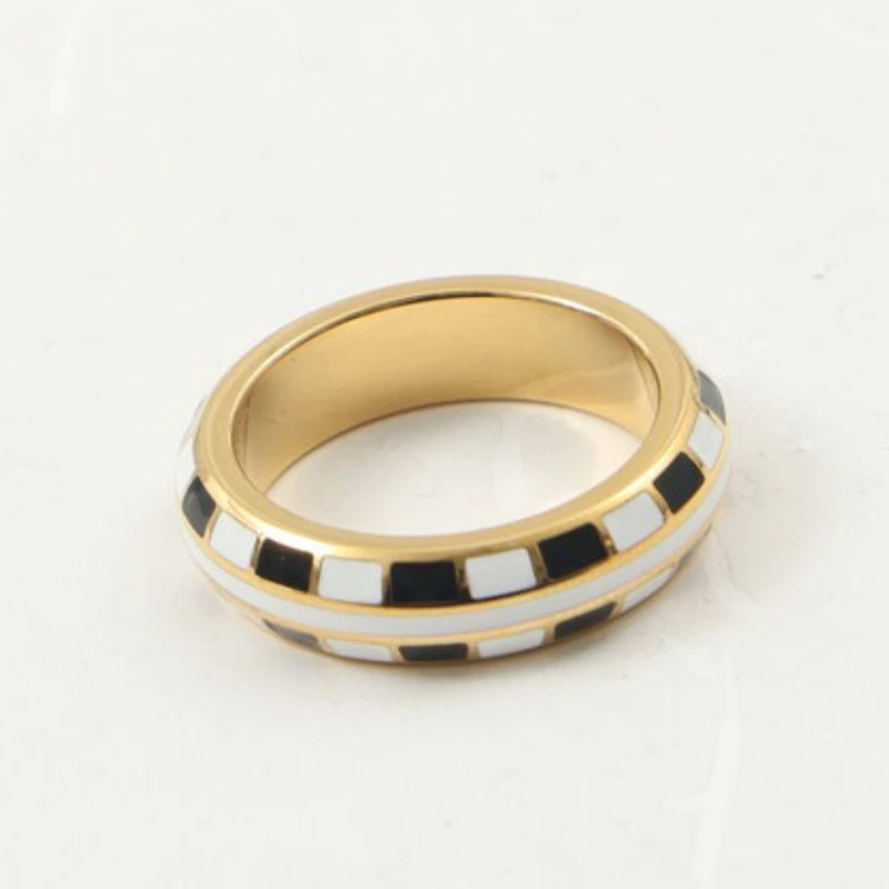 Checkerboard Pattern Ring for Women Stainless Steel Ring PVD Gold Plated Jewelry