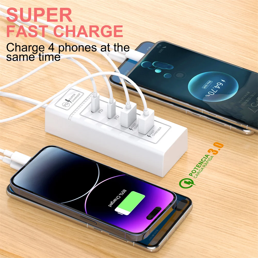 4 في 1 متعدد الوظائف USB PD الفاصل 4 منافذ USB نوع C شحن سريع شاحن سريع QC3.0 مقبس الطاقة محول الحائط