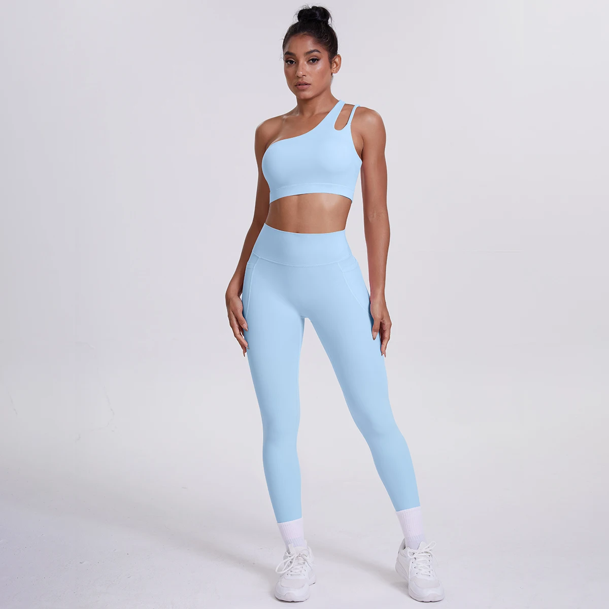 Conjunto de sutiã de ombro inclinado de cor sólida e calças de yoga para mulher legging de secagem rápida fitness esportes ginásio yoga conjunto